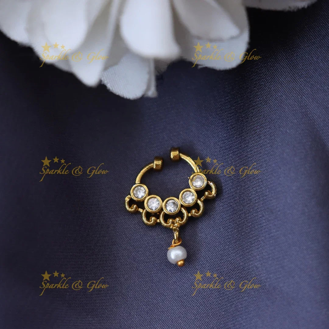 Elegant Gold Nose Ring with Pearl Drop for Festivities