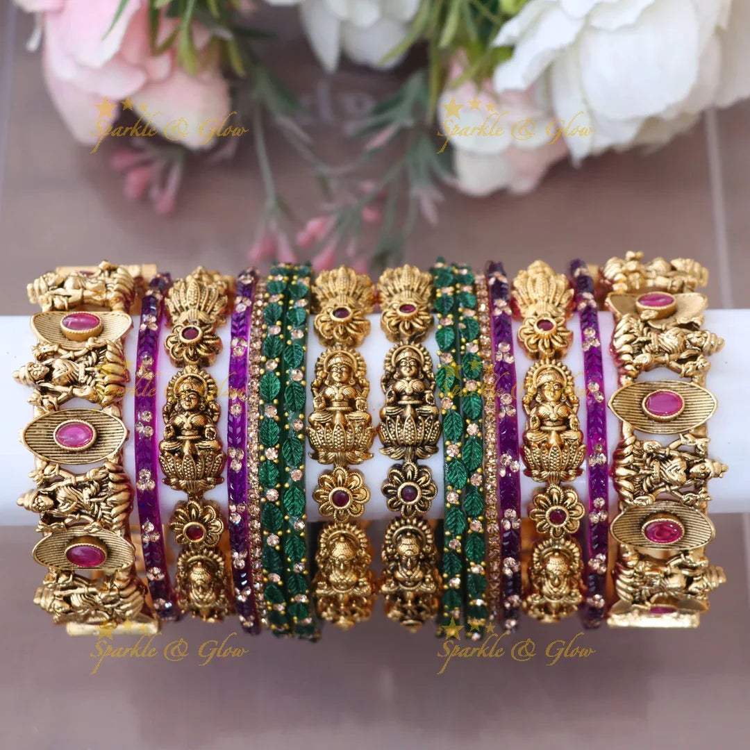 Exquisite Lakshmi Kemp Bangle Set with Floral Carvings
