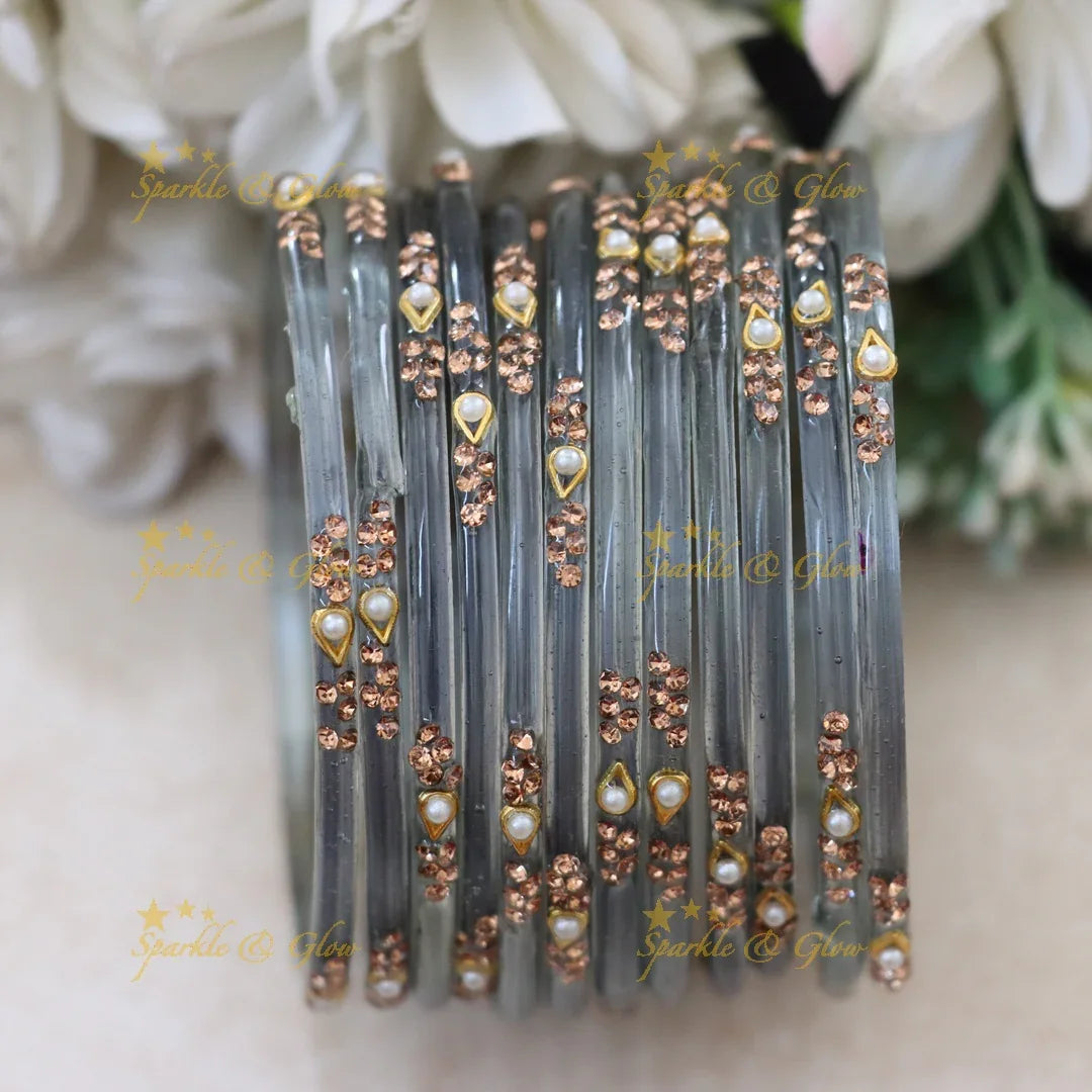 Elegant Glass Bangles with Pearl & Stone Accents