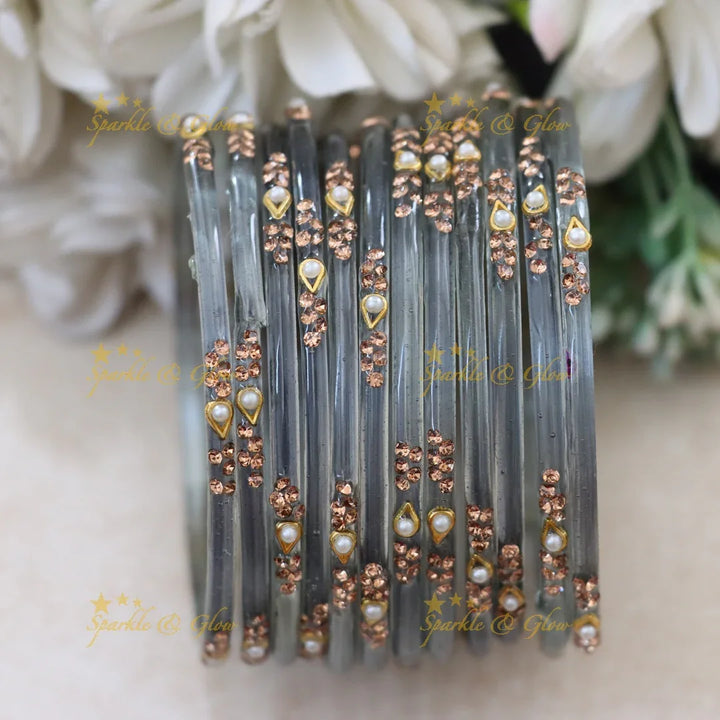 Elegant Glass Bangles with Pearl & Stone Accents