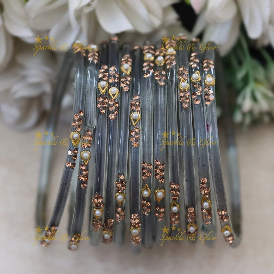 Elegant Glass Bangles with Pearl & Stone Accents