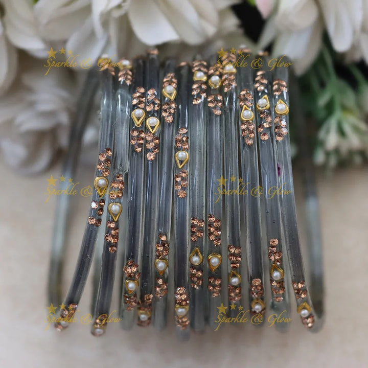 Elegant Glass Bangles with Pearl & Stone Accents