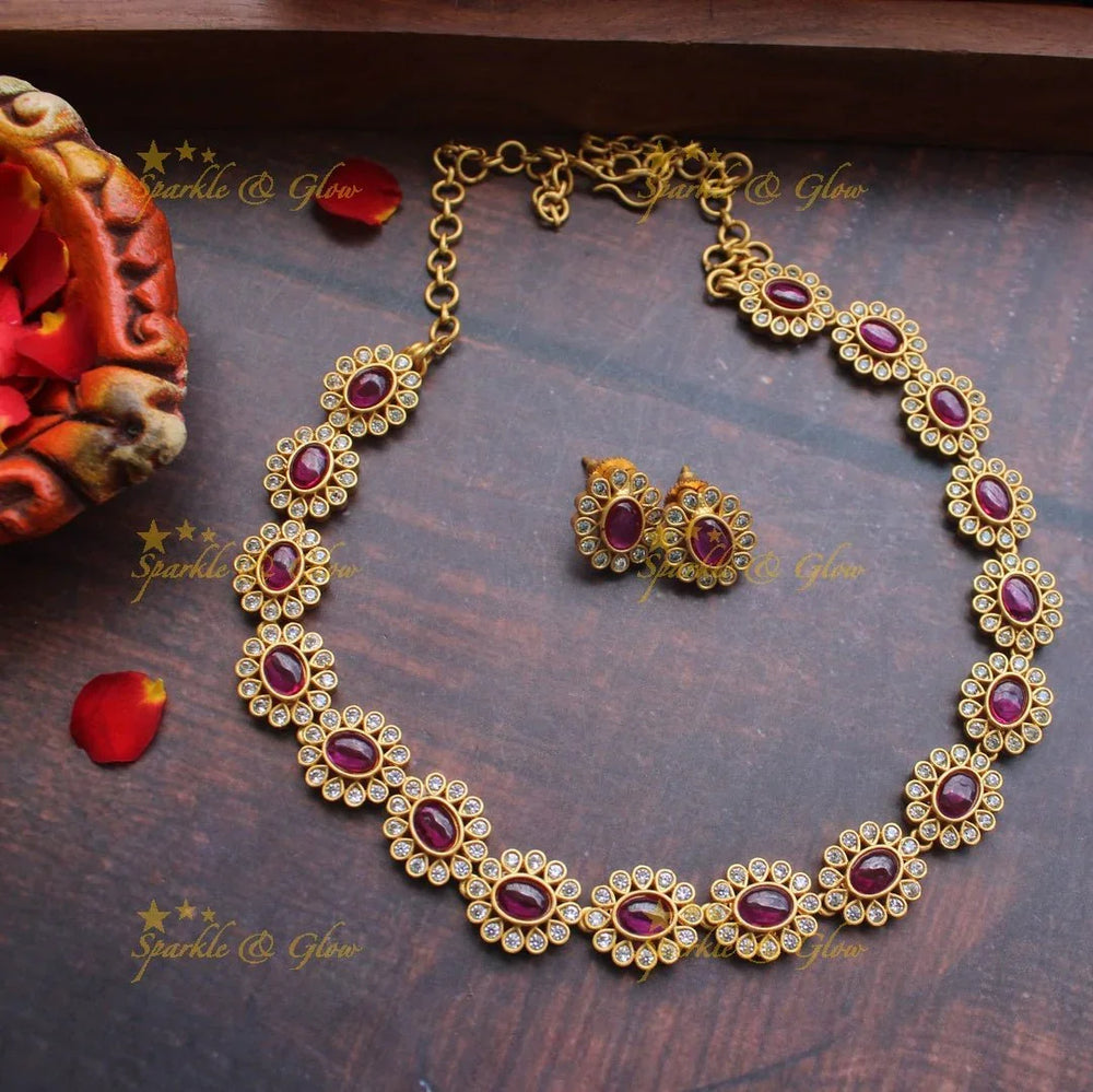 Premium Matte stone floral necklace - Green Pink - Sparkle and Glow