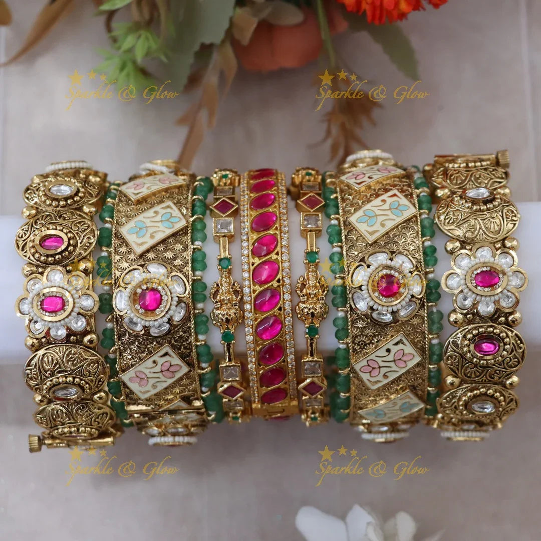 Exquisite Kundan Floral Bridal Bangles Set Online