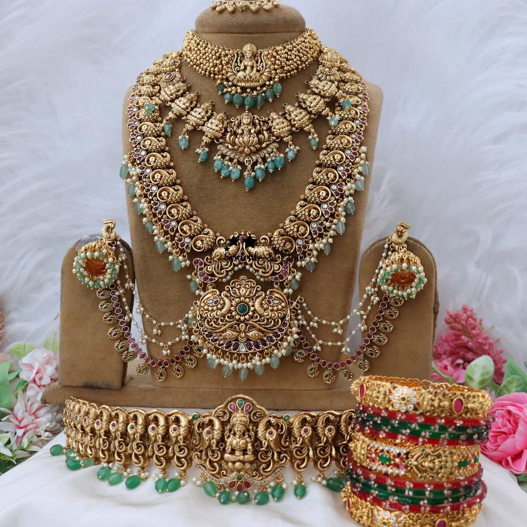 Exquisite Lakshmi Peacock Temple Bridal Set - Perfect for Weddings