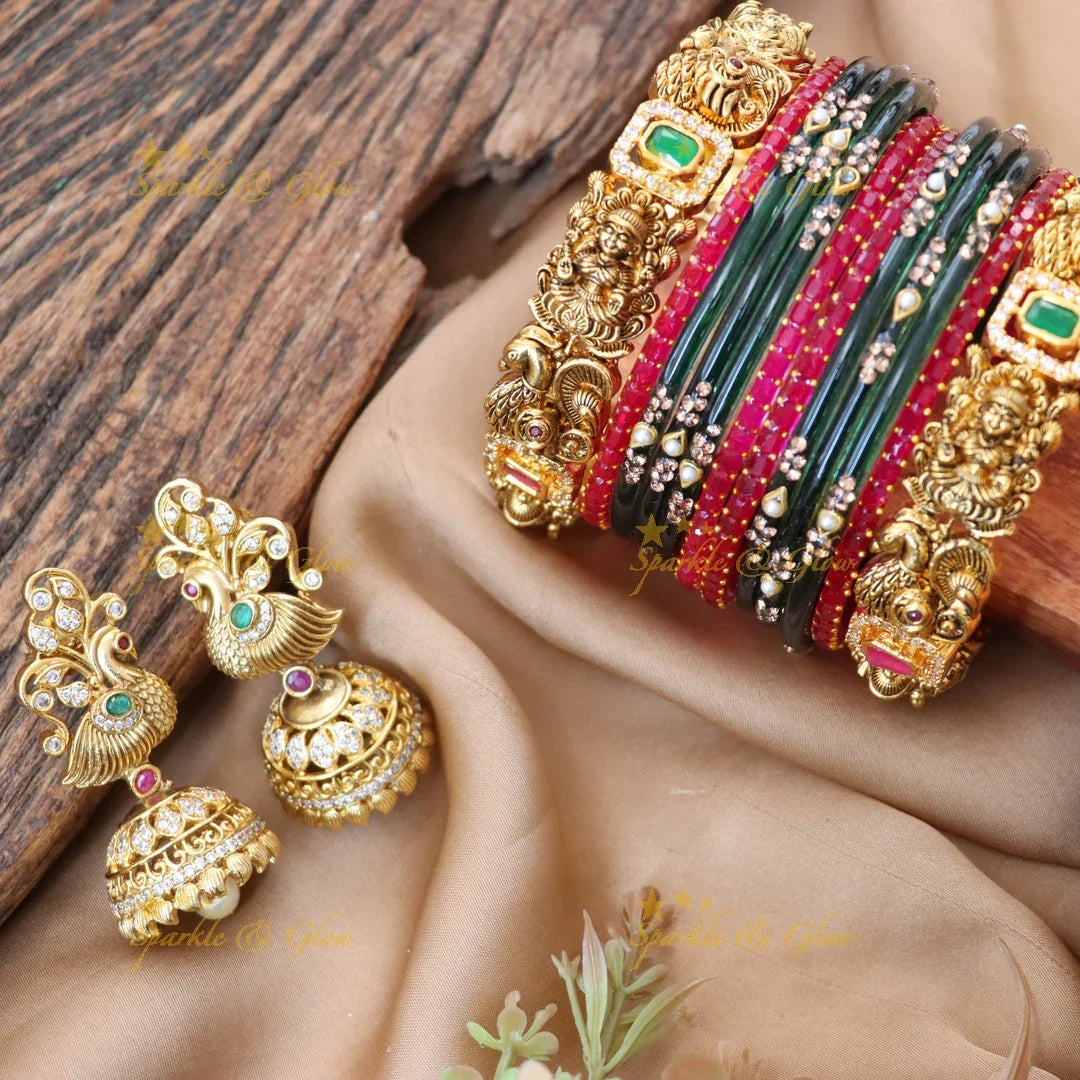 Sparkling Lakshmi Peacock Bangles set with Earrings combo