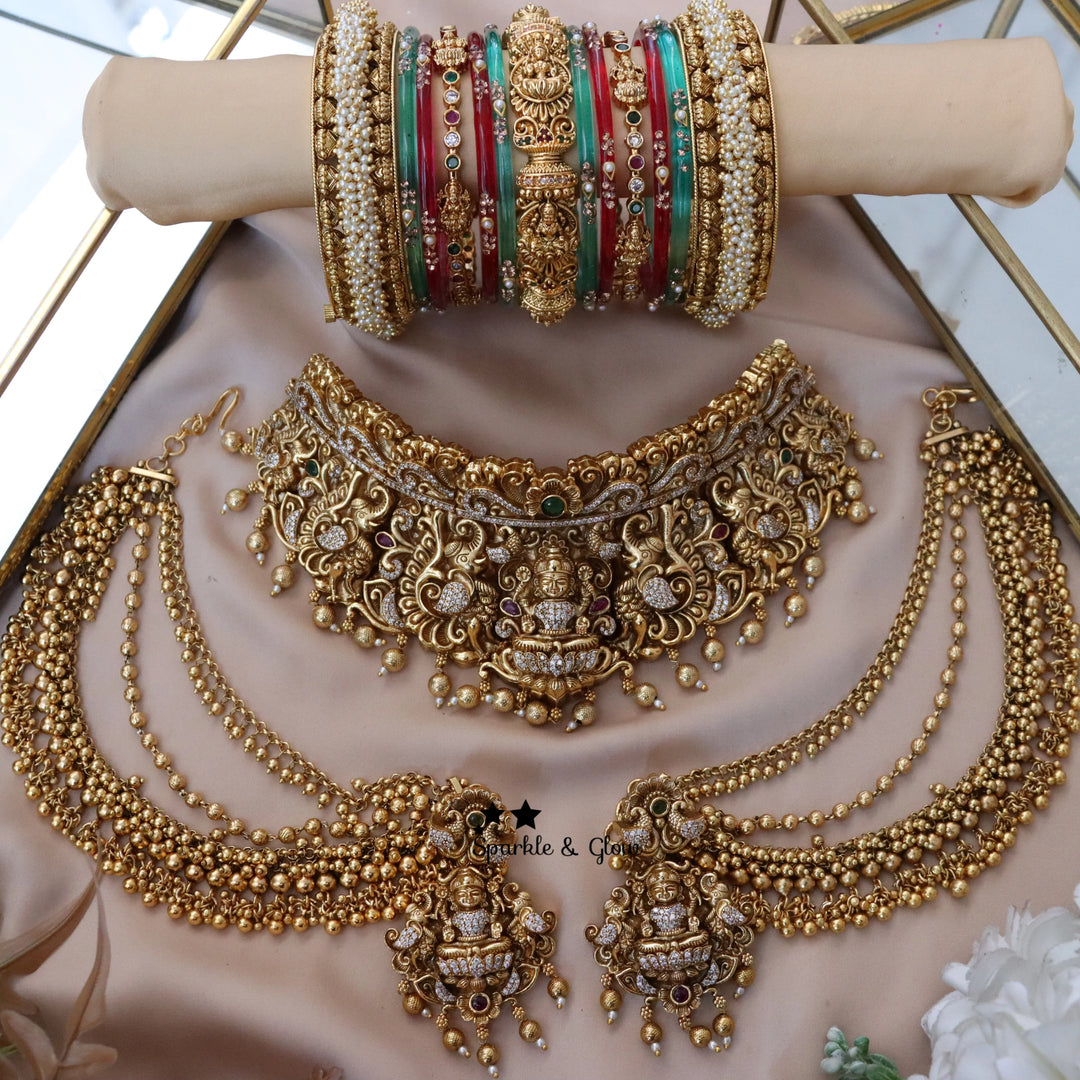 Exquisite Semi Bridal Choker Set with Green Stones