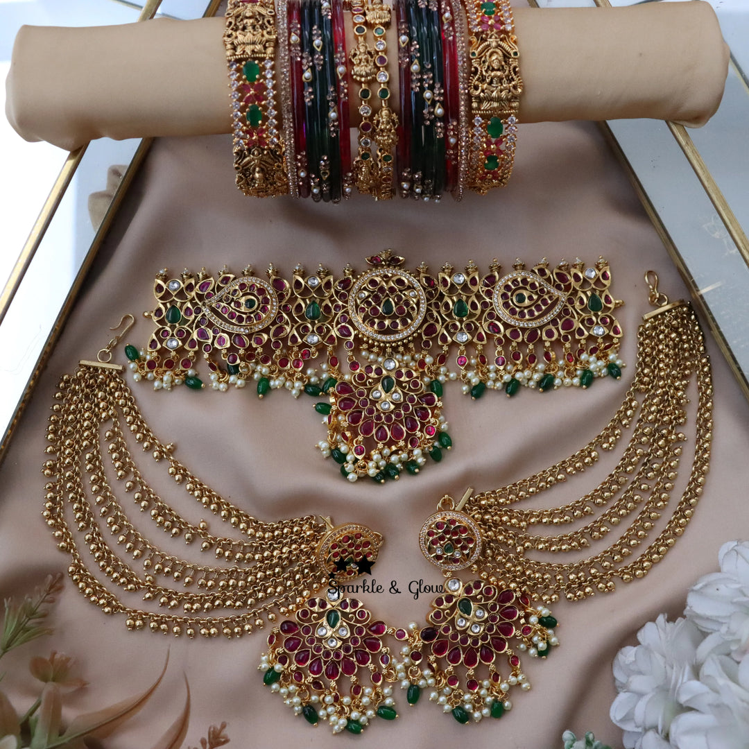 Exquisite Bridal Choker Set with Green Stones