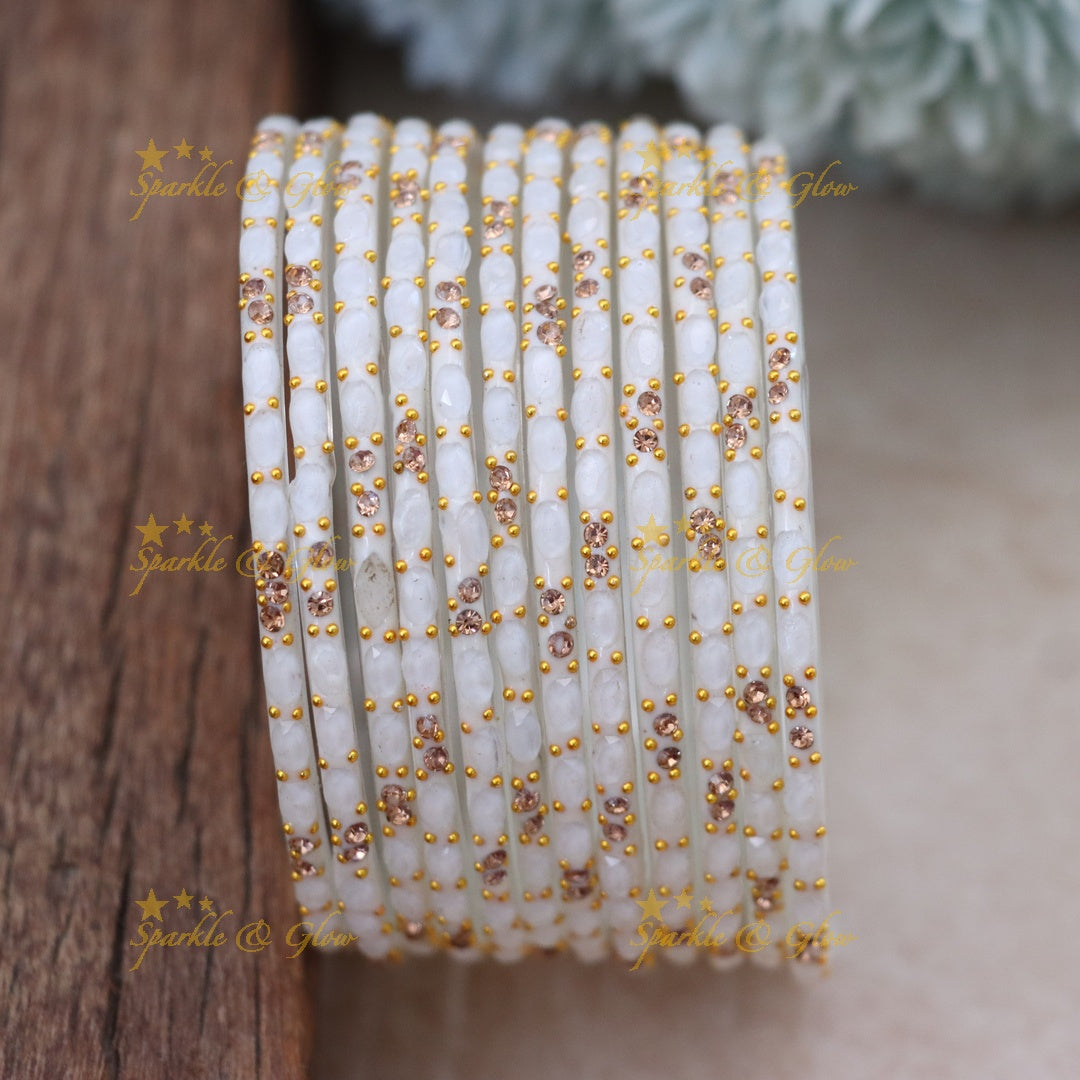Exquisite White Glass Bangles with Gold Highlights