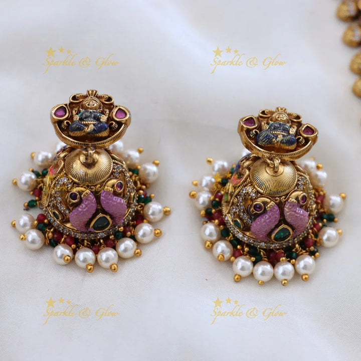 Long Gold Temple Necklace Set for Weddings - Elegant Design