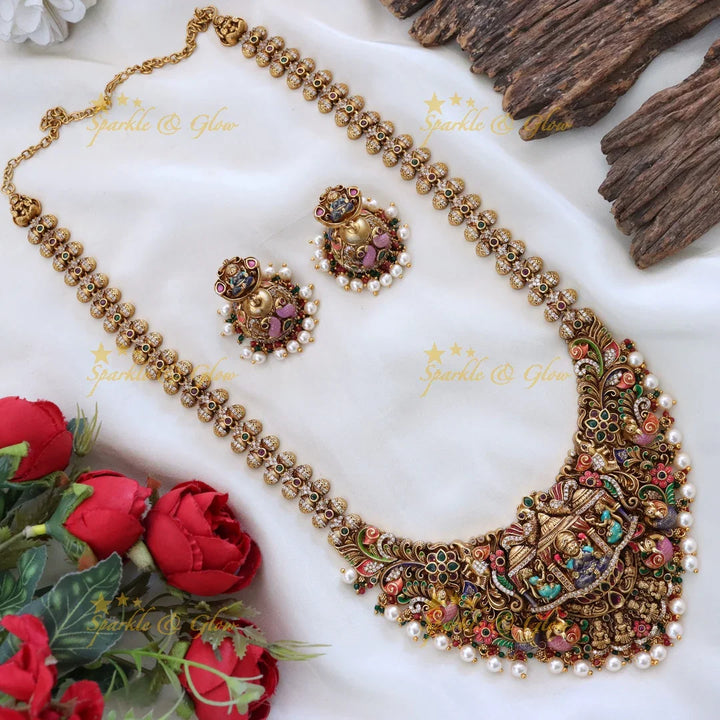 Long Gold Temple Necklace Set for Weddings - Elegant Design