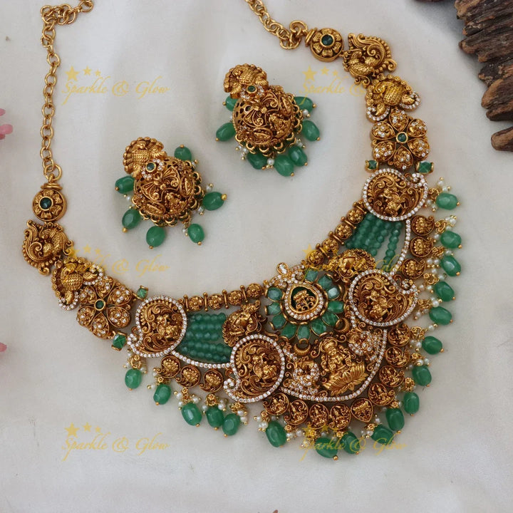 Elegant Short Temple Necklace - Green Beads | Sparkle & Glow
