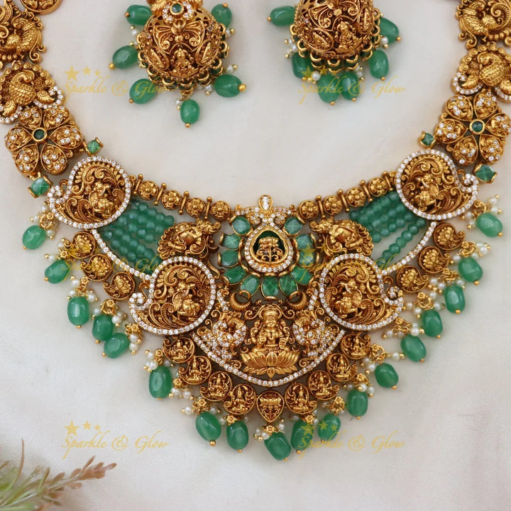 Elegant Short Temple Necklace - Green Beads | Sparkle & Glow