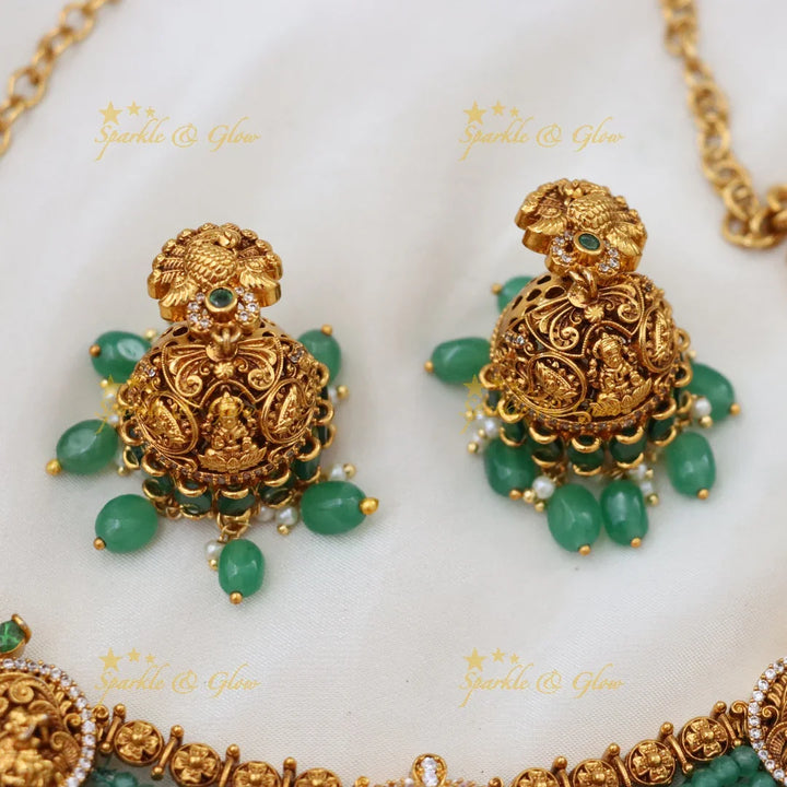 Elegant Short Temple Necklace - Green Beads | Sparkle & Glow