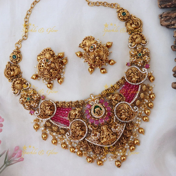 Elegant Short Temple Necklace - Green Beads | Sparkle & Glow