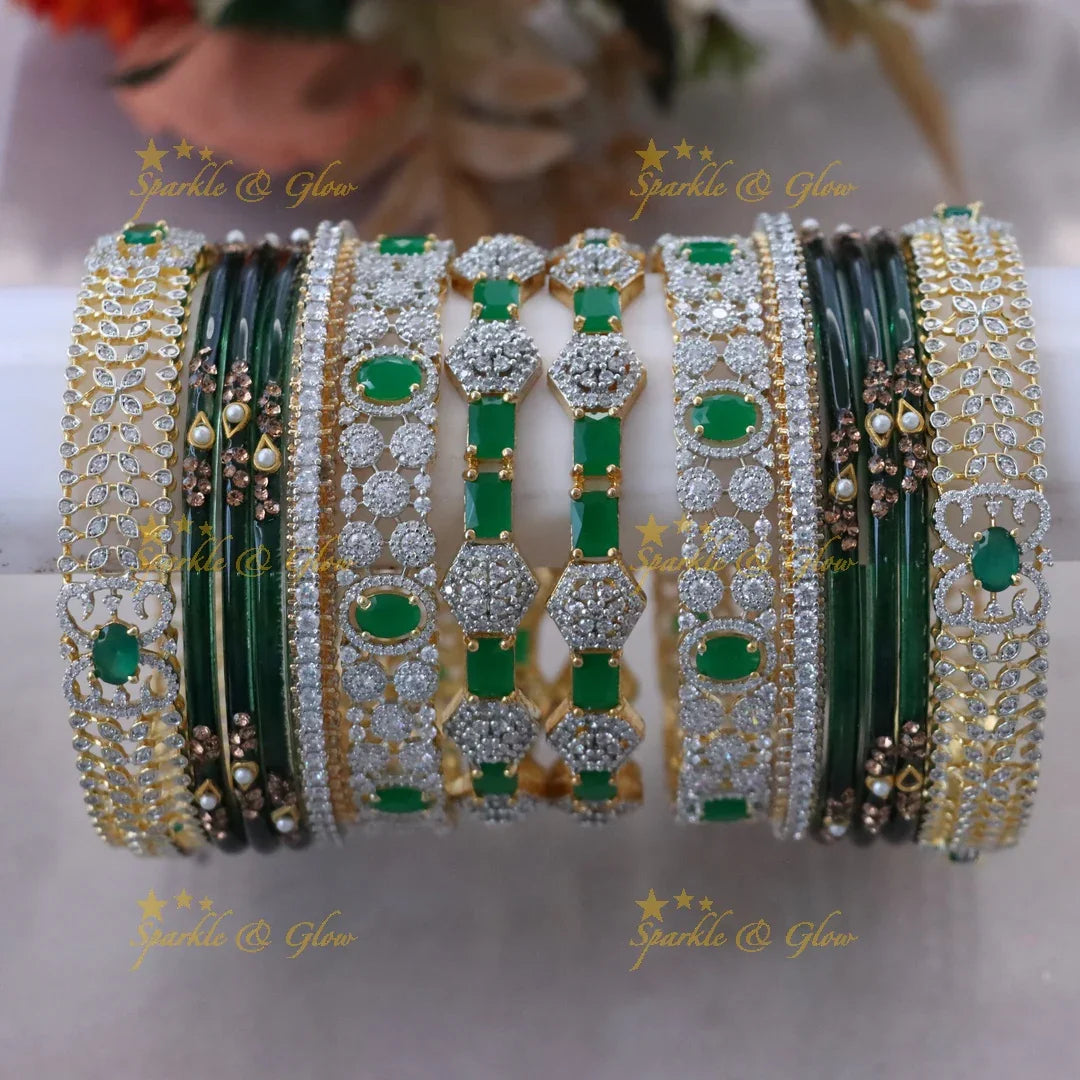 Elegant Emerald & Gold Bridal Bangle Set - Sophisticated Luxury