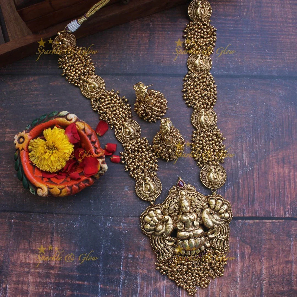 Gold alike Peacock carved Lakshmi Haram - Pink - Sparkle and Glow
