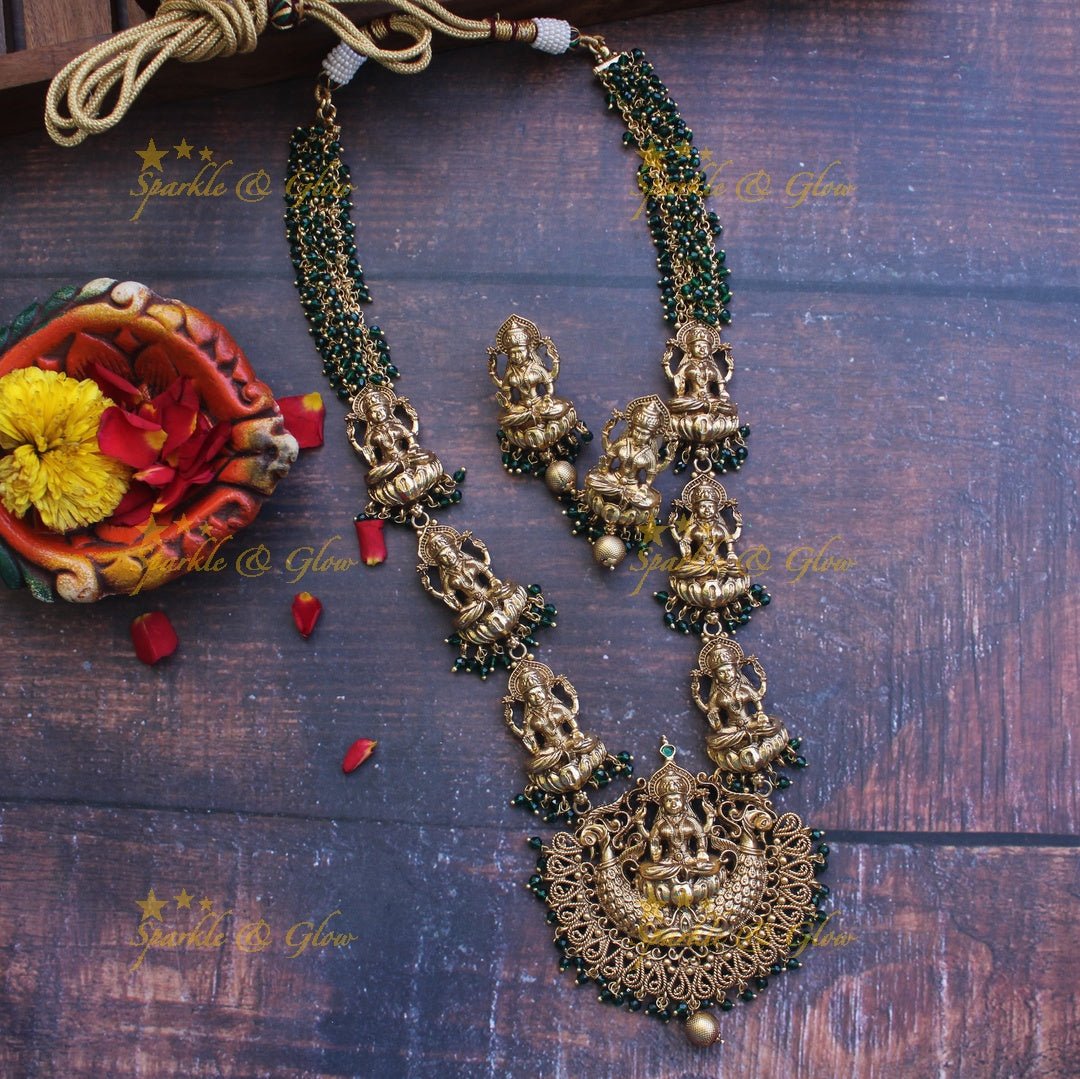 Gold alike green beads cluster lakshmi haram - Sparkle and Glow - Green - Back Thread