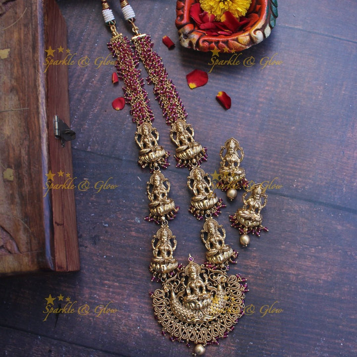 Gold alike green beads cluster lakshmi haram - Sparkle and Glow - Pink - Back Thread
