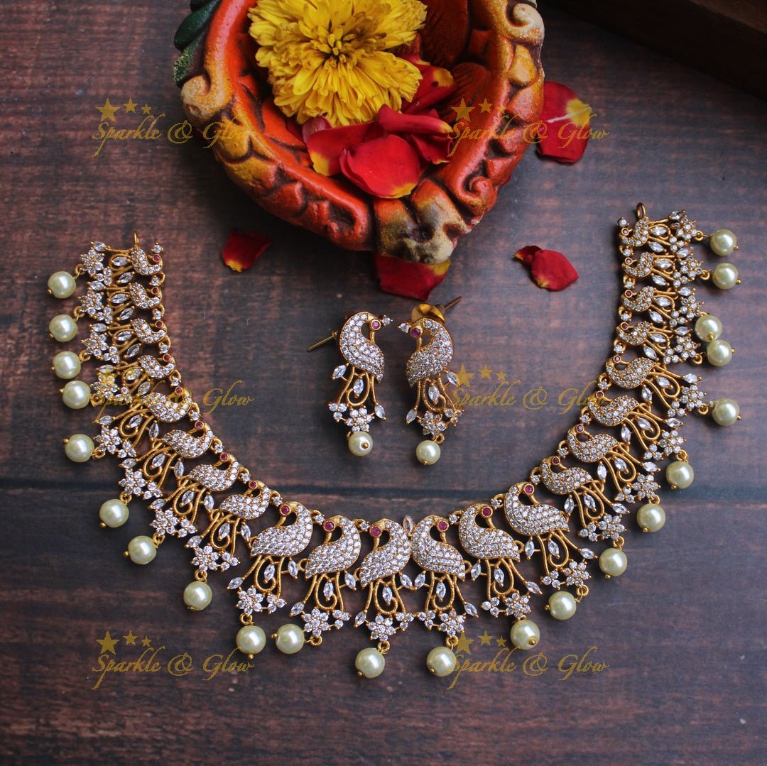 AD stones Peacock necklace - Green - Sparkle and Glow - White - Back Chain