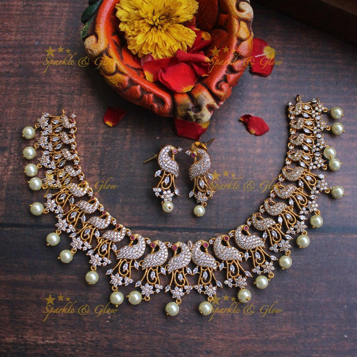 AD stones Peacock necklace - Green - Sparkle and Glow - White - Back Chain