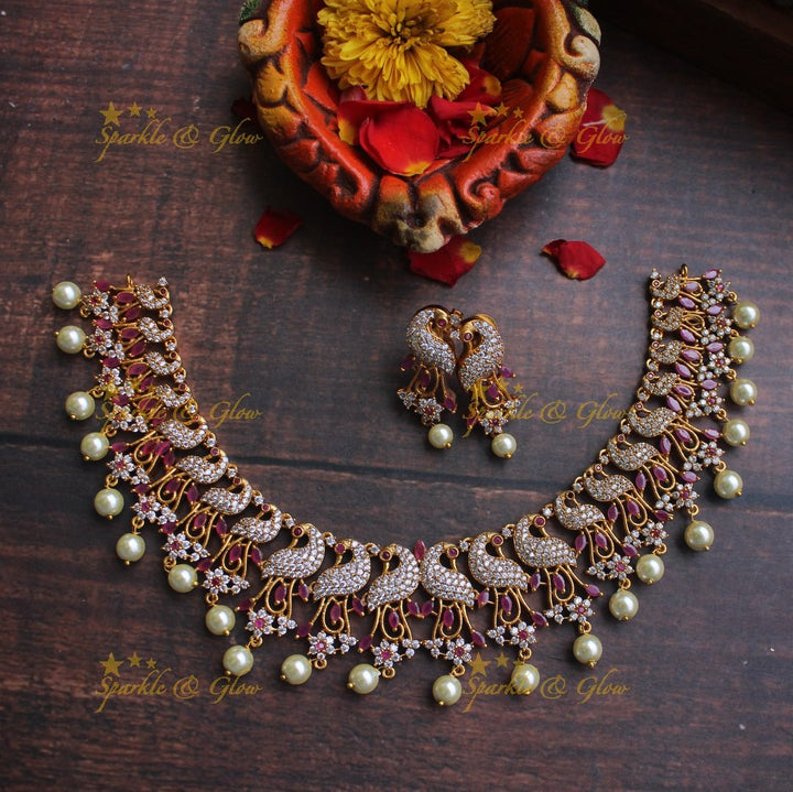 AD stones Peacock necklace - Green - Sparkle and Glow - Pink - Back Thread