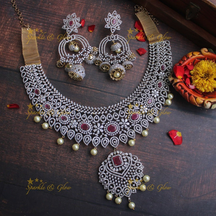 Exclusive GJ polish AD necklace with grand jhumukas - Pink - Sparkle and Glow - Pink - Back Thread