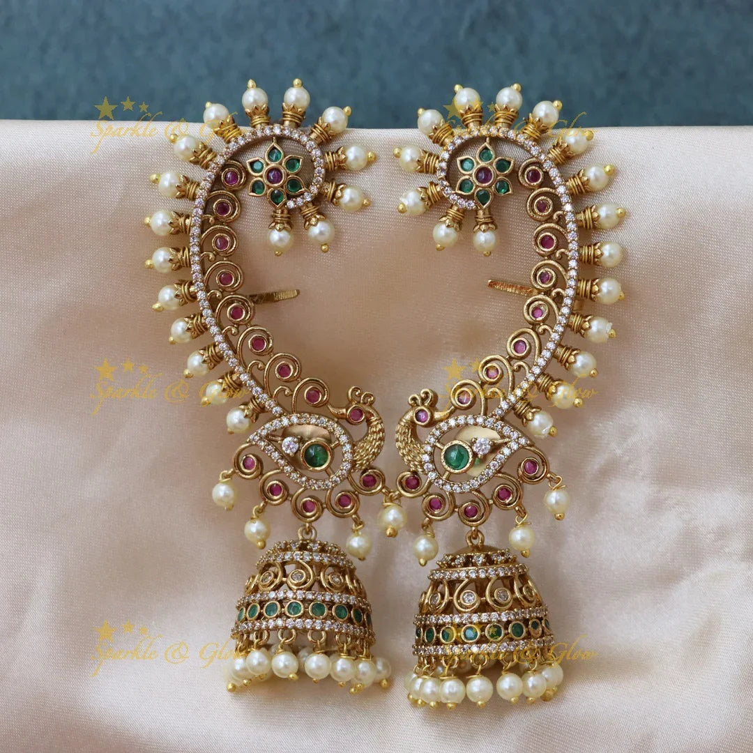 Exquisite Peacock Earcuff with Pearls for Weddings