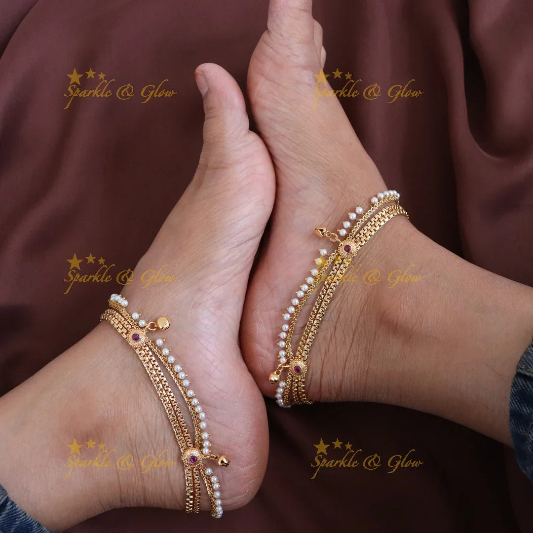 Gold Pearl Anklets - Perfect for Weddings & Festivals