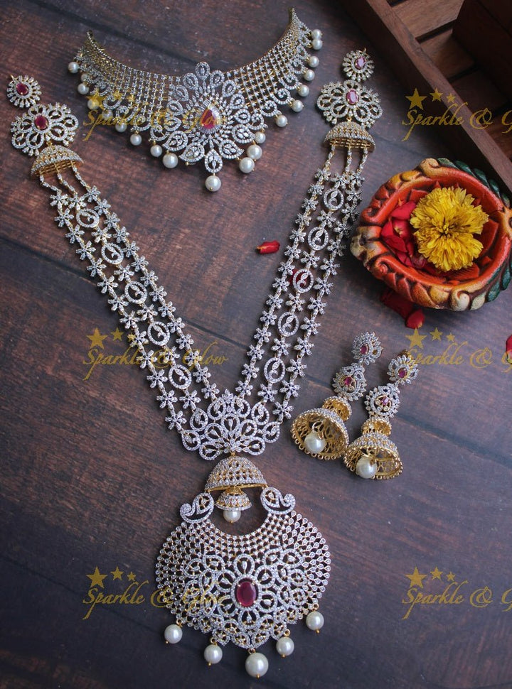 Grand Floral layer haram and choker American diamond necklace set with mint green stone and pearl drops - Sparkle and Glow - Pink - Back Thread