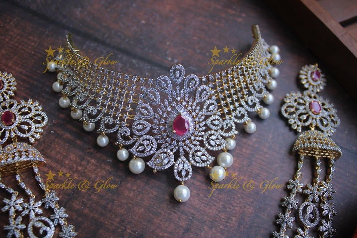 Grand Floral layer haram and choker American diamond necklace set with mint green stone and pearl drops - Sparkle and Glow - Mint green - Back Thread