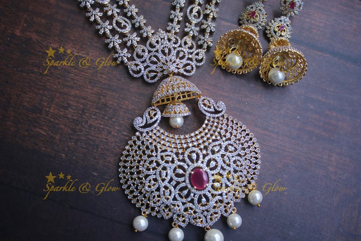 Grand Floral layer haram and choker American diamond necklace set with mint green stone and pearl drops - Sparkle and Glow - Pink - Back Thread