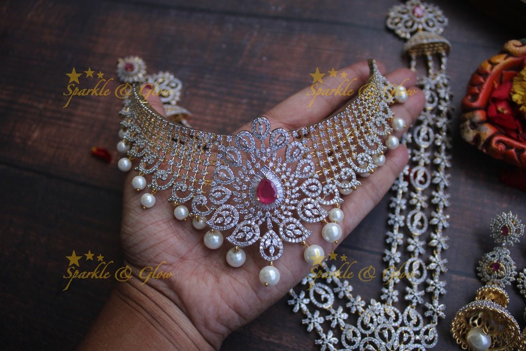 Grand Floral layer haram and choker American diamond necklace set with mint green stone and pearl drops - Sparkle and Glow - Pink - Back Thread