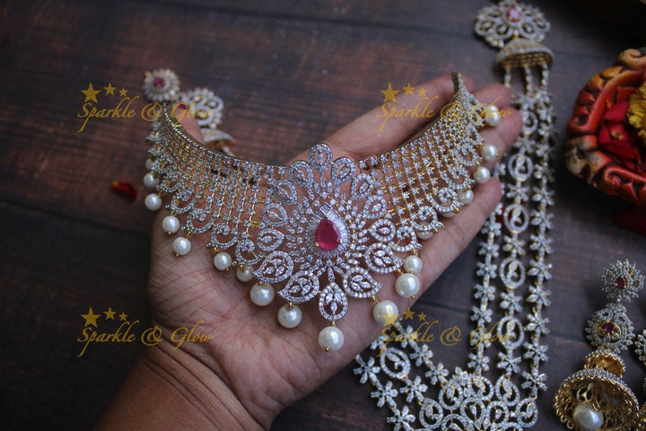 Grand Floral layer haram and choker American diamond necklace set with mint green stone and pearl drops - Sparkle and Glow - Pink - Back Thread