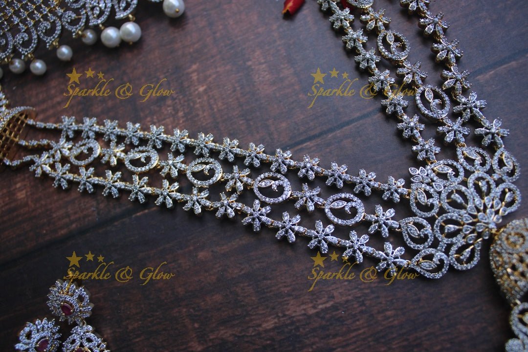Grand Floral layer haram and choker American diamond necklace set with mint green stone and pearl drops - Sparkle and Glow - Pink - Back Thread