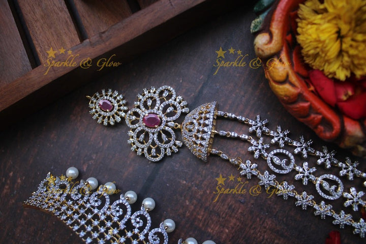 Grand Floral layer haram and choker American diamond necklace set with mint green stone and pearl drops - Sparkle and Glow - Pink - Back Thread