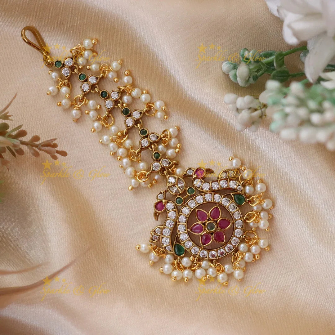 Pearl Peacock Maang Tikka: Festive Elegance in Gold