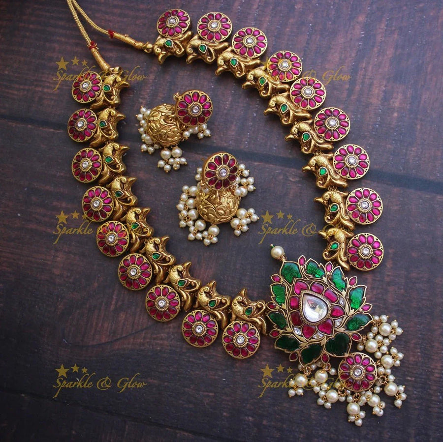Jadau kundan Lotus floral mid length mid length haram - Ready TO ship - Sparkle and Glow