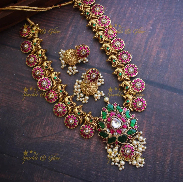 Jadau kundan Lotus floral mid length mid length haram - Ready TO ship - Sparkle and Glow