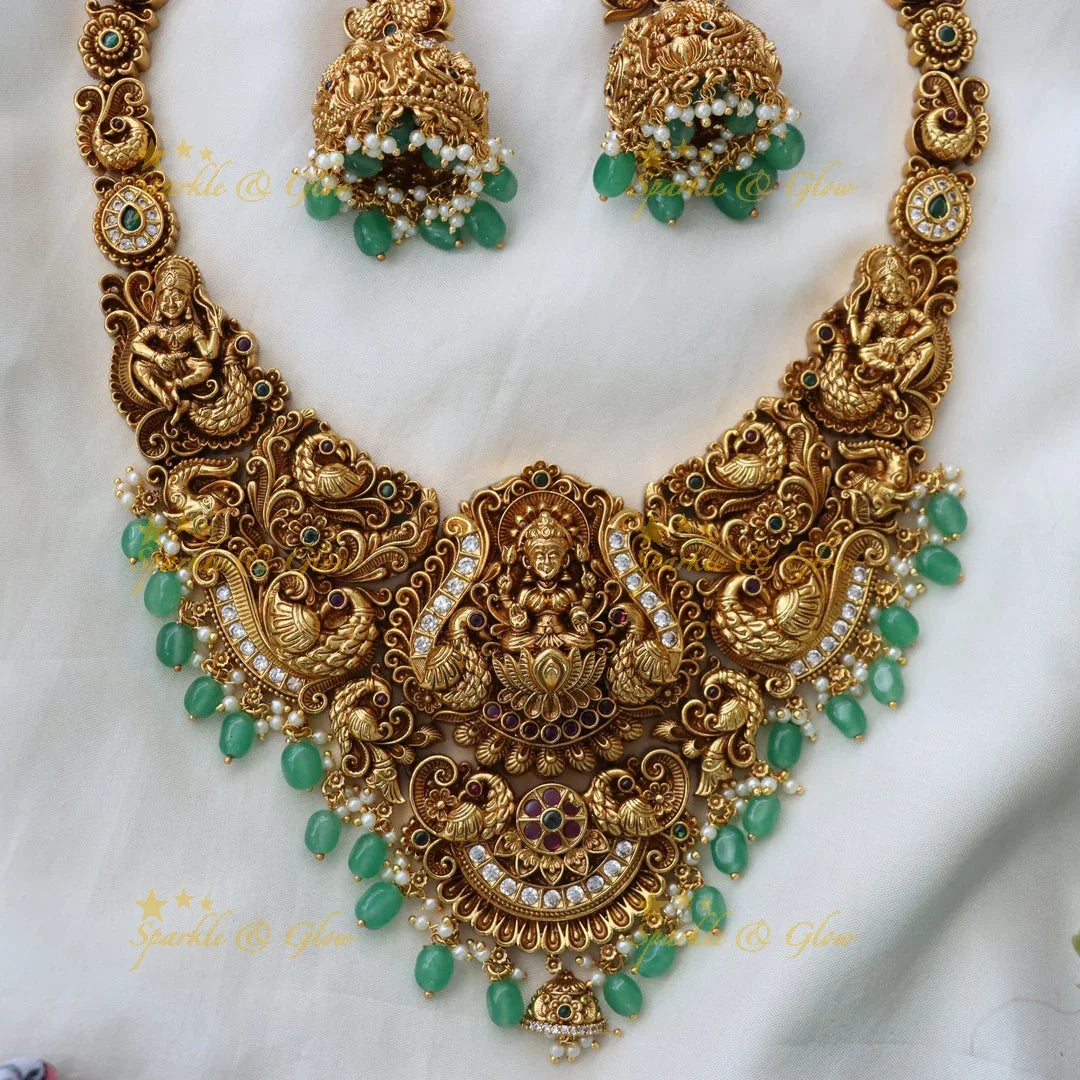 Exquisite Lakshmi Peacock Temple Necklace Set - Sparkle & Glow