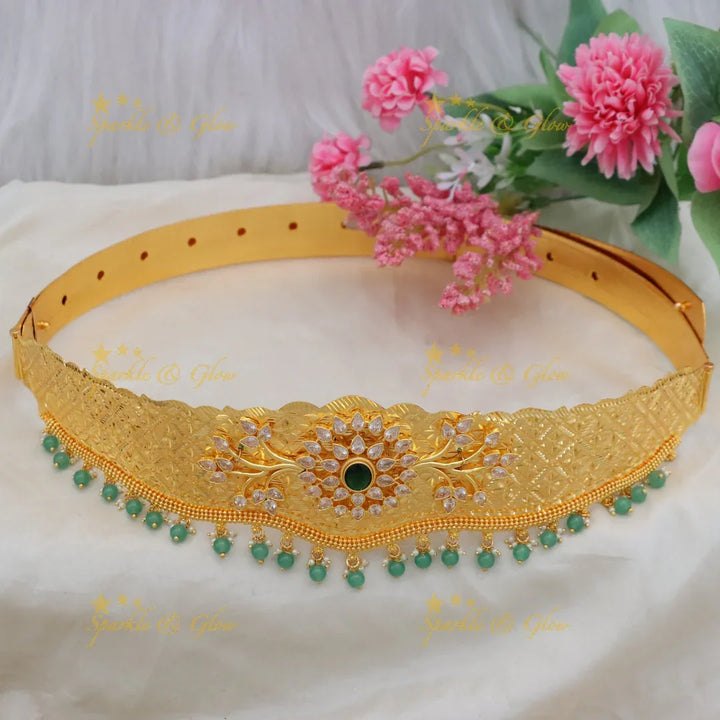 Elegant Gold Hipbelt with Green Beads for Weddings