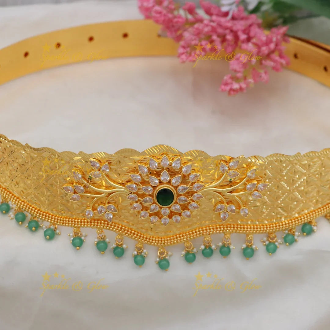 Elegant Gold Hipbelt with Green Beads for Weddings