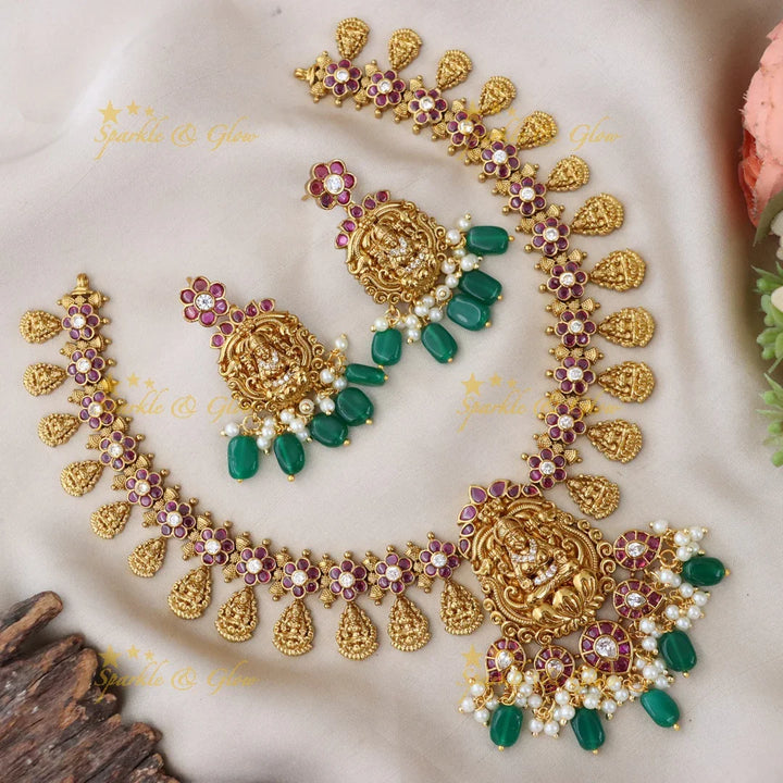 Divine Goddess Temple Necklace with Green Drops