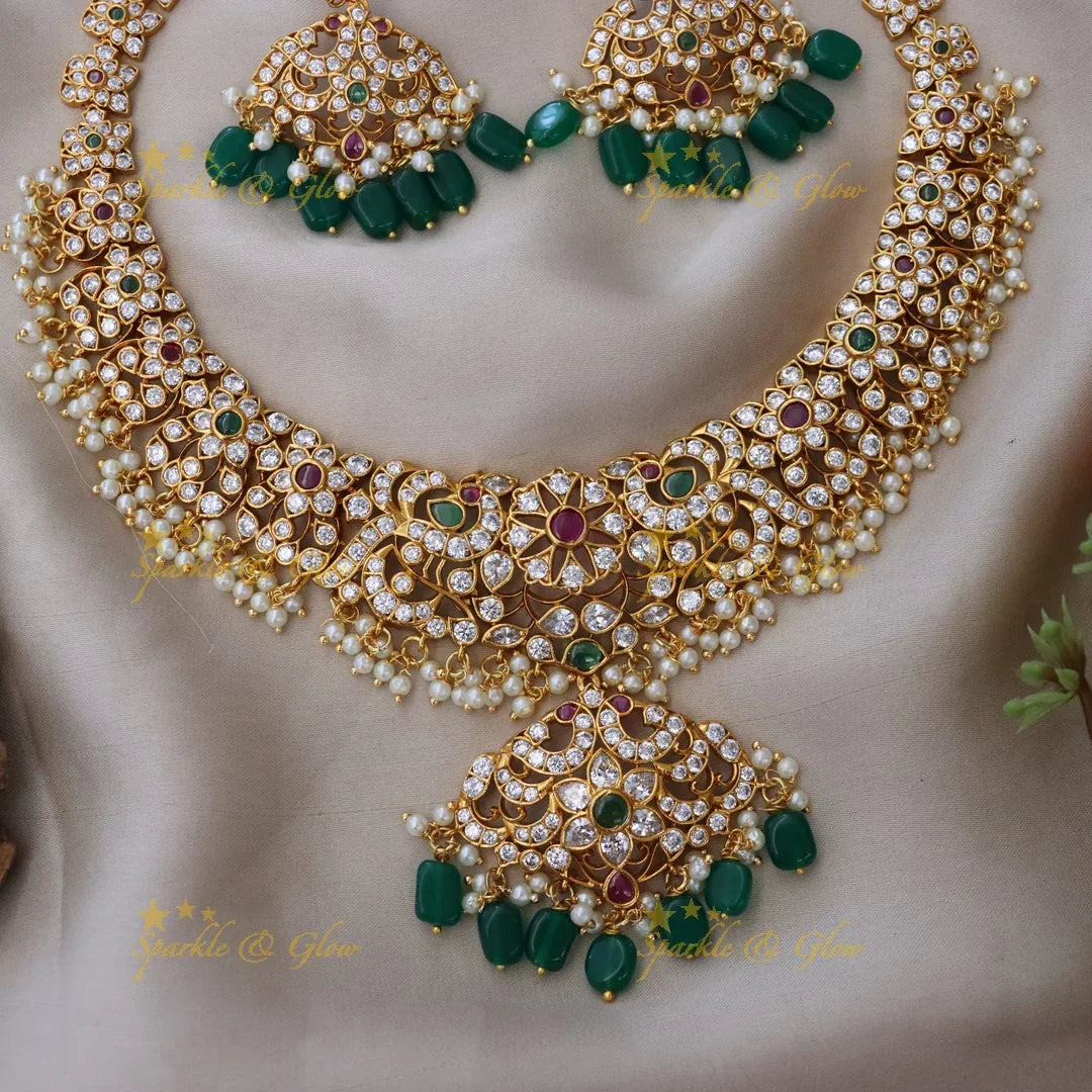 Exquisite Peacock Floral Gold Necklace Set for Weddings