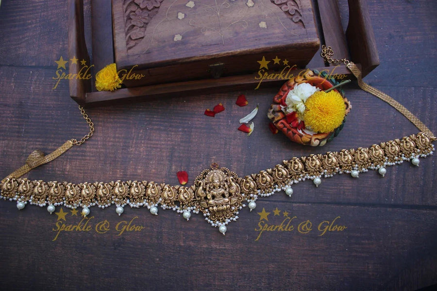 Gold alike antique Lakshmi Hip chain with pearl Beads - Sparkle and Glow