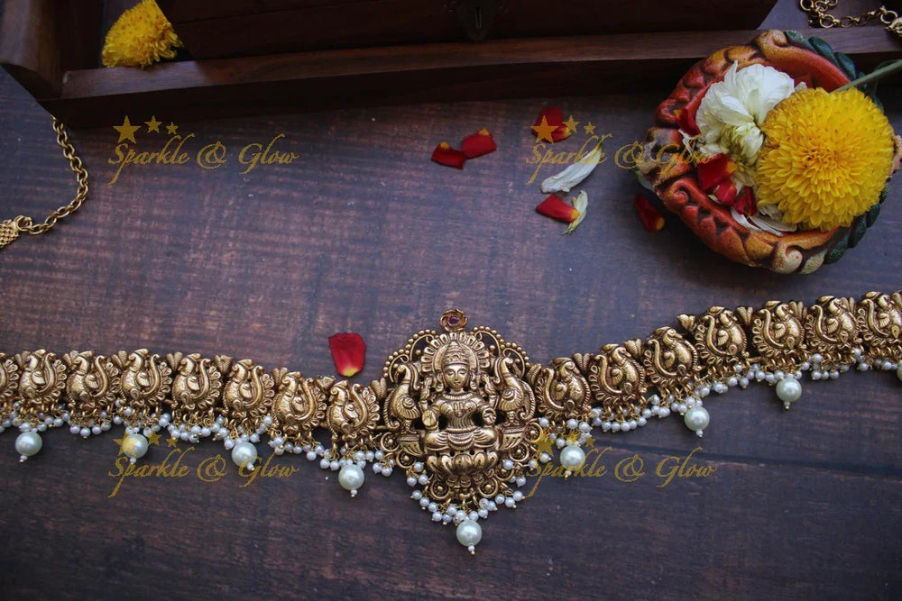 Gold alike antique Lakshmi Hip chain with pearl Beads - Sparkle and Glow