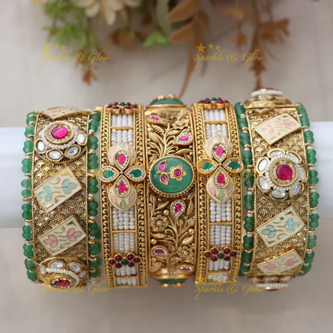 Stunning Gold & Green Lakshmi Bridal Bangle Set