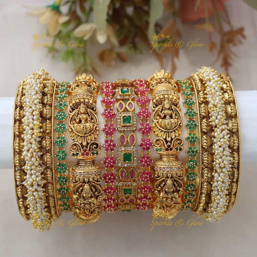 Exquisite Gold & Green Lakshmi Bangle Set - Enhanced Elegance
