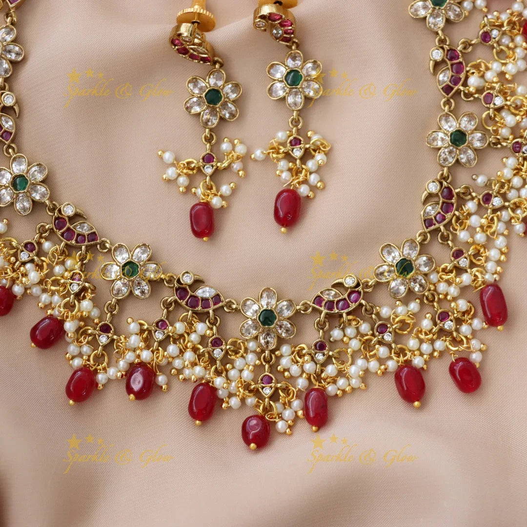 Elegant Floral Peacock Necklace with Pearls & Gems