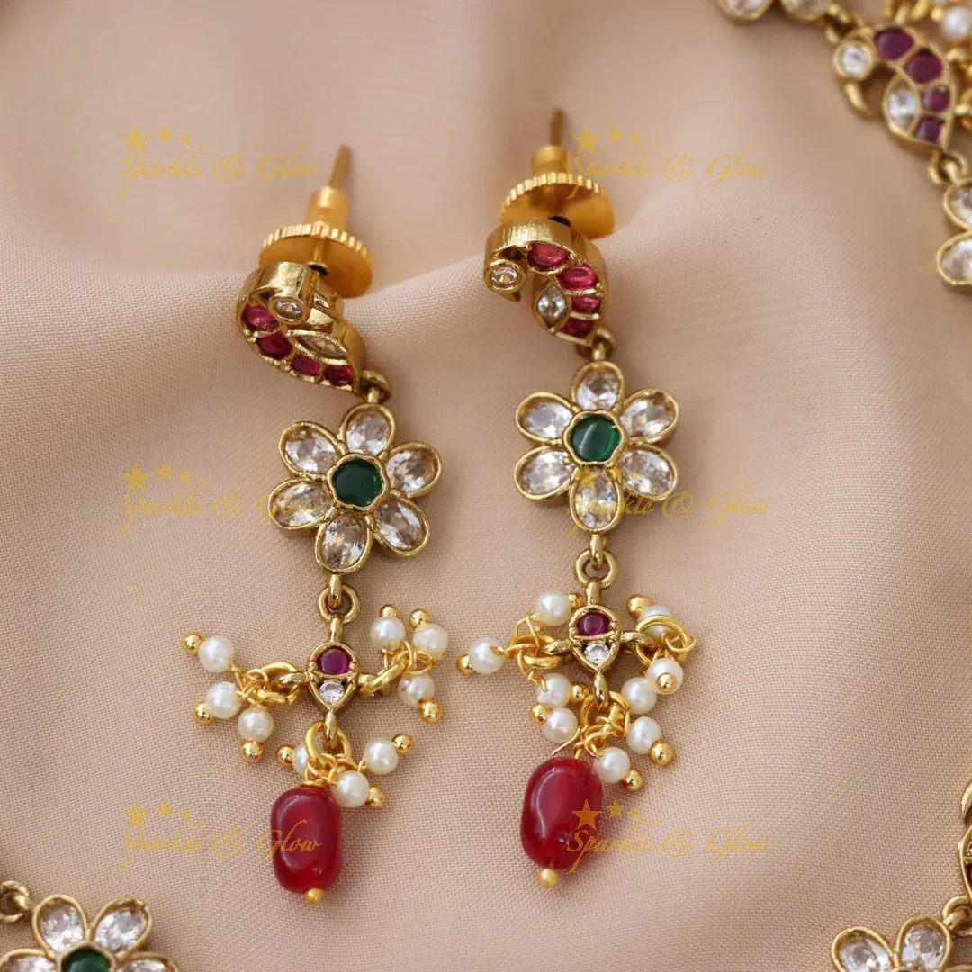 Elegant Floral Peacock Necklace with Pearls & Gems